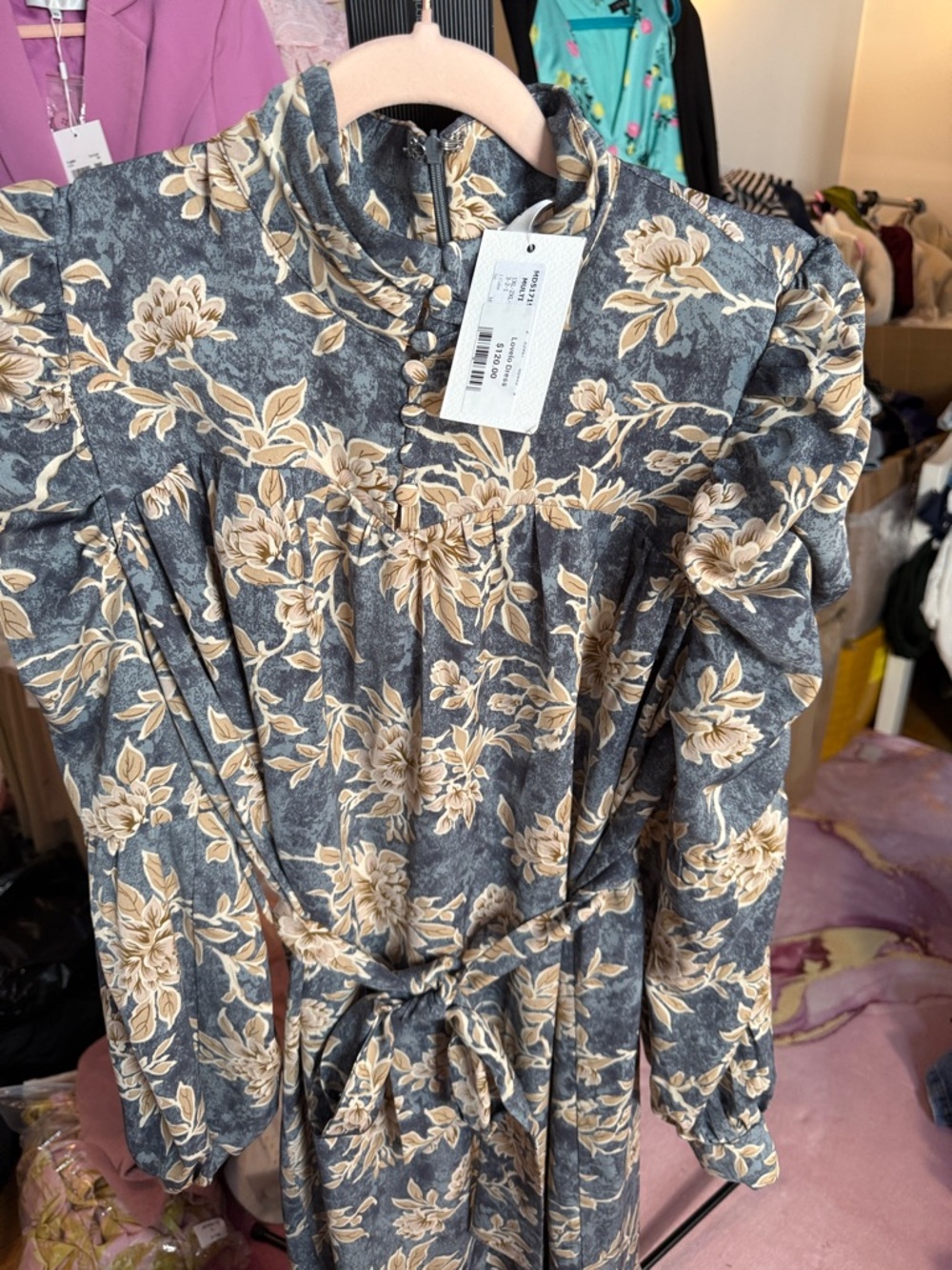 Forever Unique Gray Floral High-Neck Button Dress with Beige Blooms